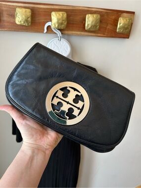 Tory Burch Black Leather Clutch with Silver Logo Medallion